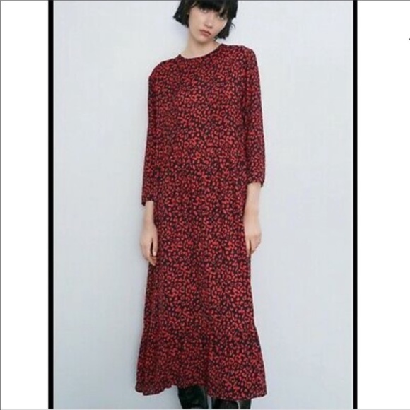 NWOT Zara Dress, Midi, red-black leopard print, size large - Picture 3 of 10